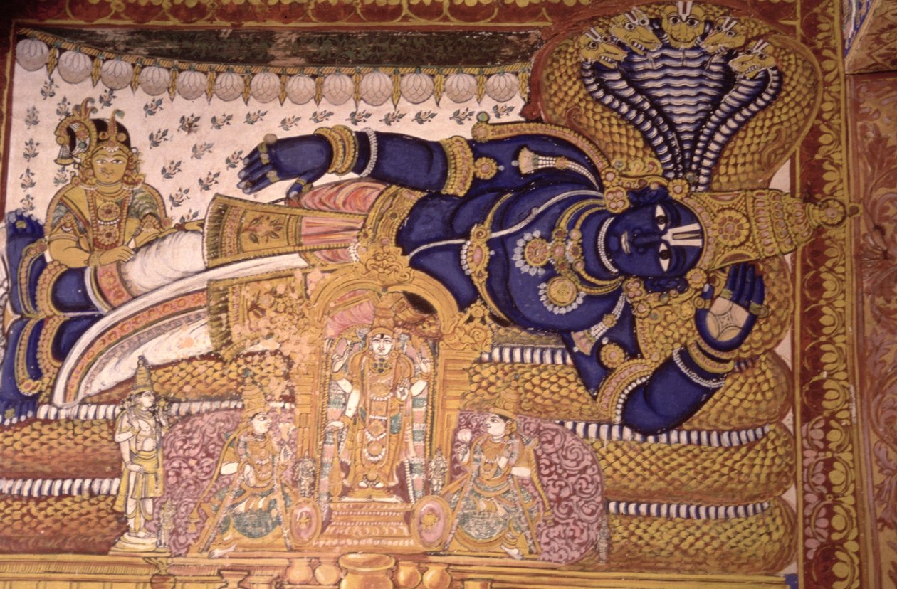 Väggmålning av guden Vishnu vilande på en orm (fresco) av School Indian