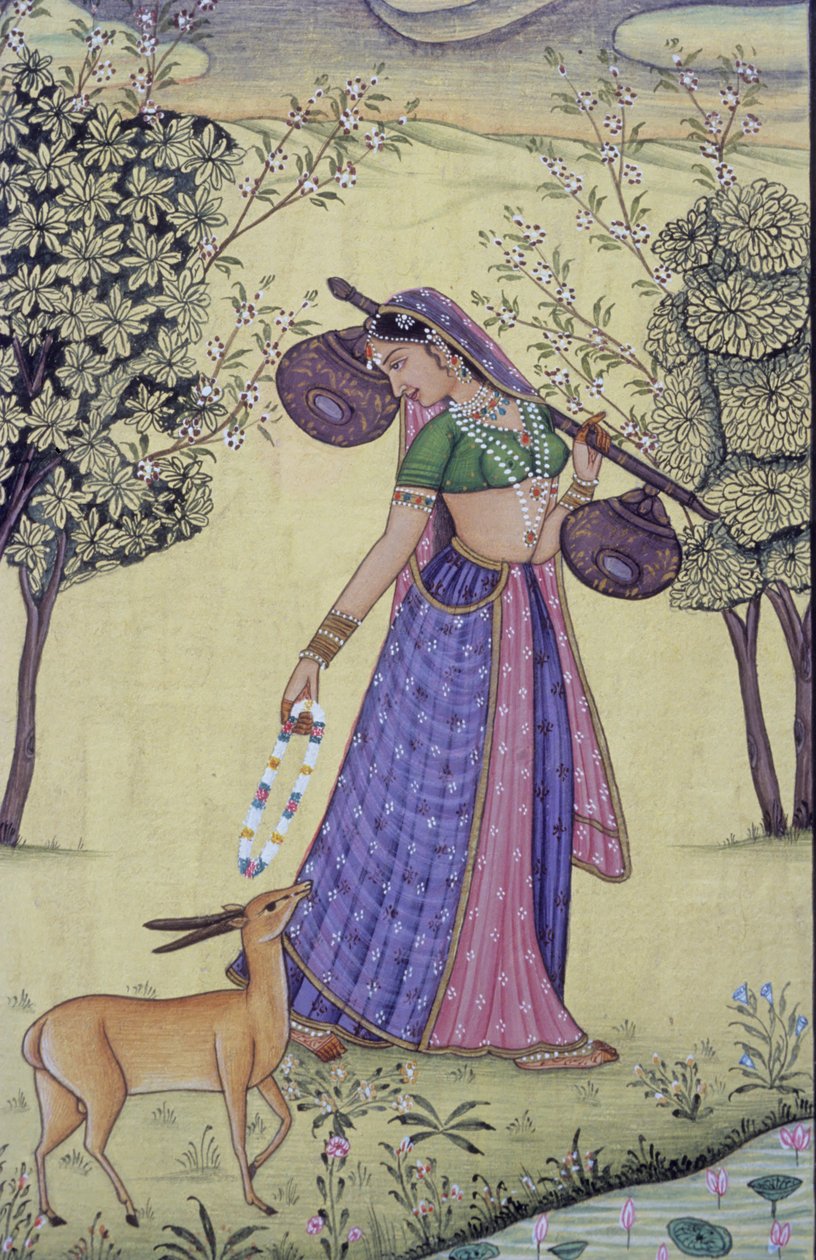 Kvinna som håller Rudra Veena och blomsterkrans Miniatyrmålning, Indien av School Indian