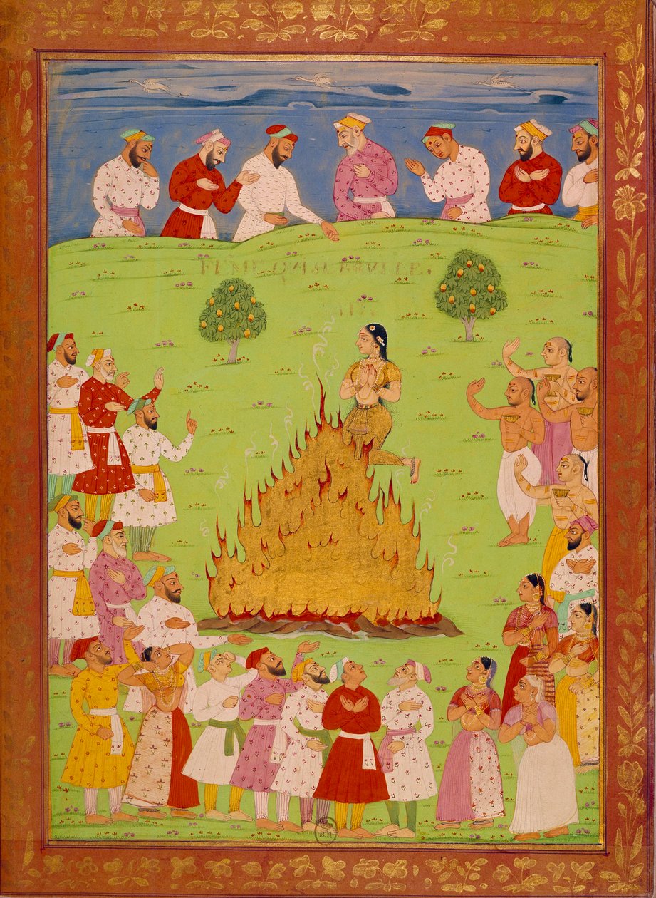 Kvinna i radja jasingle som offrar sig själv i hjärtat av shah alem. Indiska och persiska miniatyrer i "" History of India from Tamertante to Orangreyb"" av Niccolo Manucci (1638-1717). BN, Paris. av School Indian