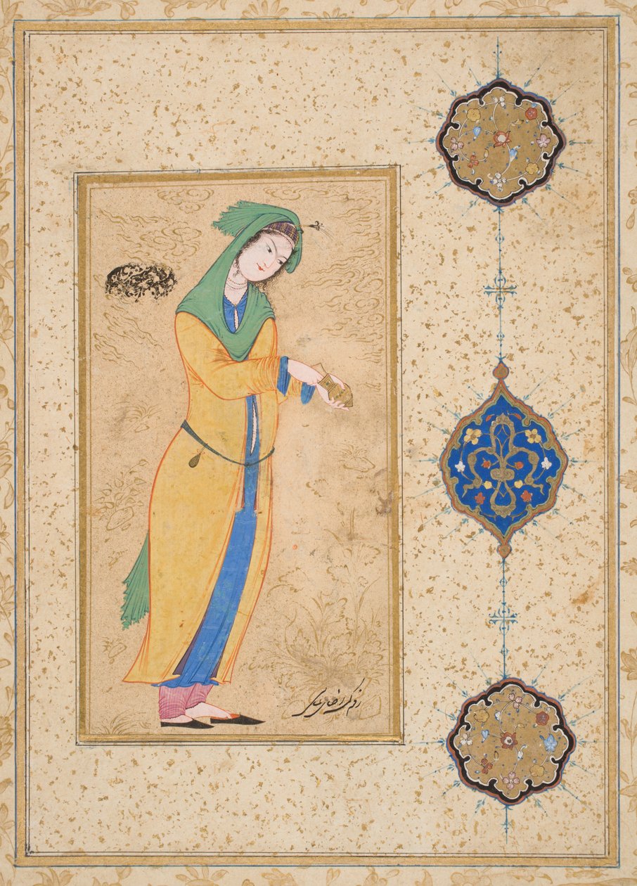 Houri står i en trädgård (ogenomskinlig akvarell på papper) av School Iranian