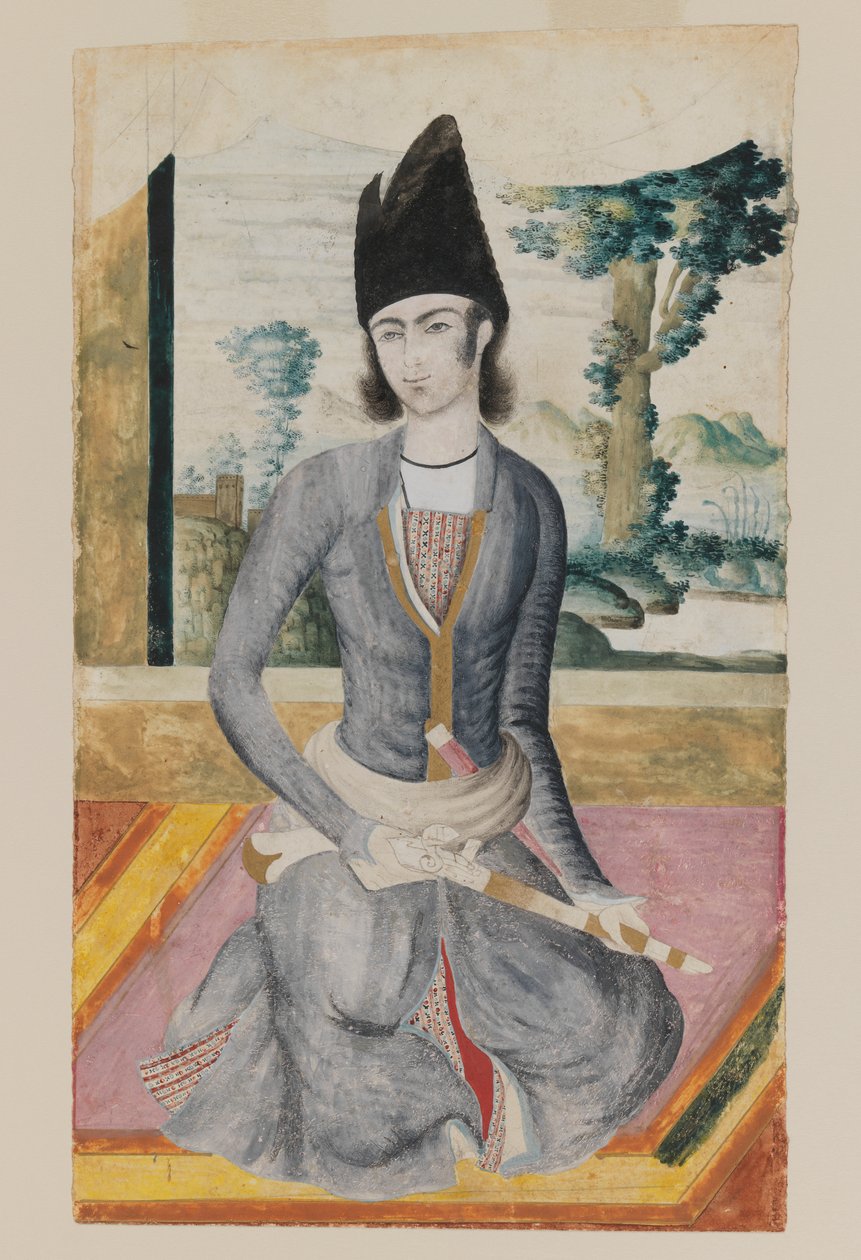Sittande Qajar Prince (penna och ogenomskinlig akvarell på papper) av School Iranian