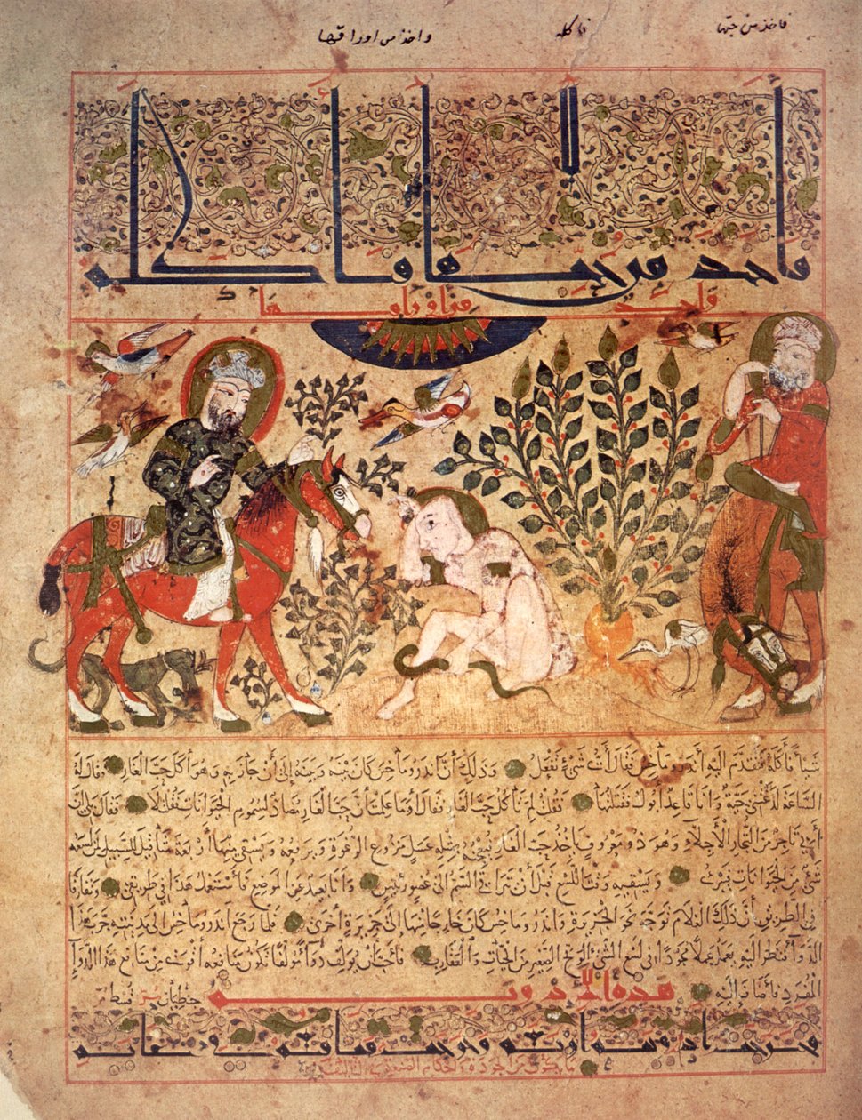 En man stickas av en orm, Illustration från "Kitab al-Diryaq"-boken med motgift, av Pseudo-Gallen (vellum) av School Iraqi