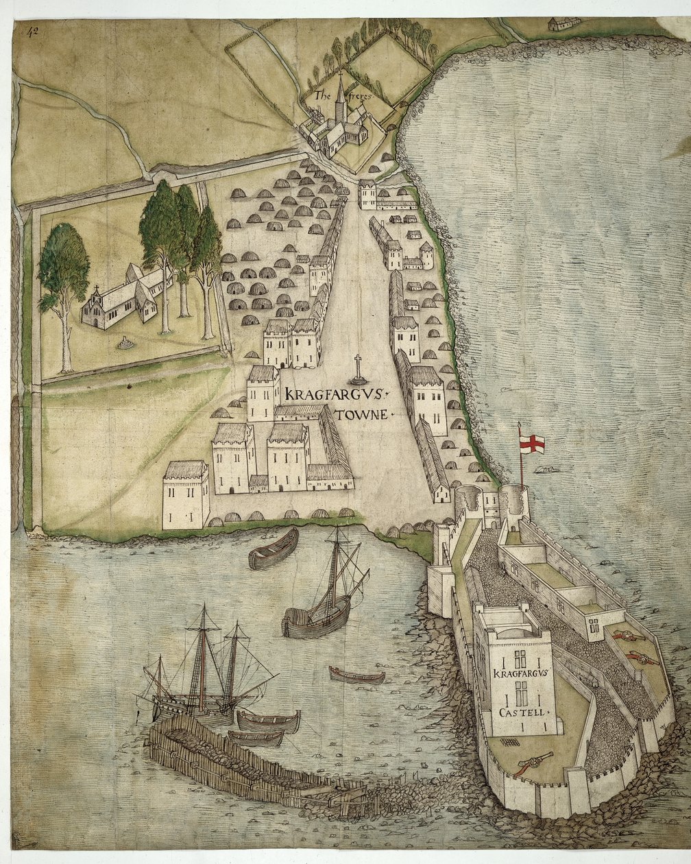 The Castle and Town of Carrickfergus, Irland, ca 1560 (penna & bläck & akvarell på papper) av School Irish
