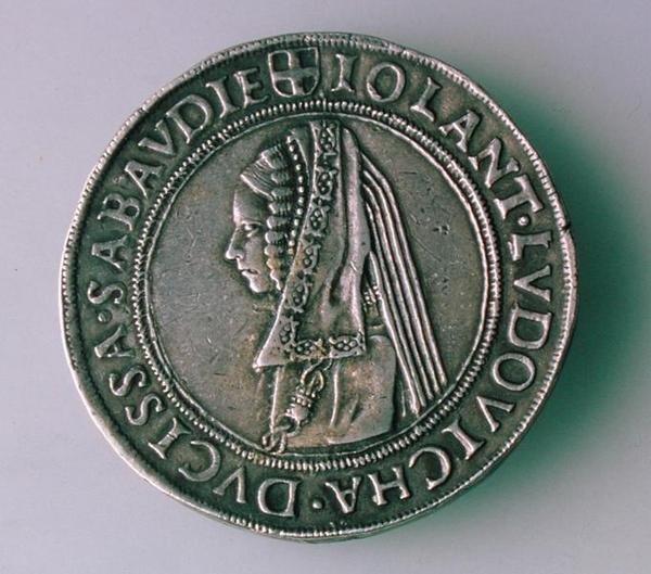 4-Teston-mynt (omvänd) av Philibert II av Savojen (1497-1504) föreställande hans fru Iolanta Ludovica av School Italian
