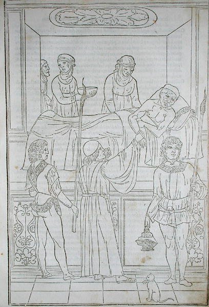 En läkare som besöker en patient, från "Fascilulus Medicinae" av Johannes de Ketham (d.c.1490) 15-1600-talet (träsnitt) av School Italian
