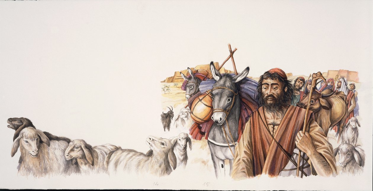 Abraham lämnar staden Ur (färg litho) av School Italian