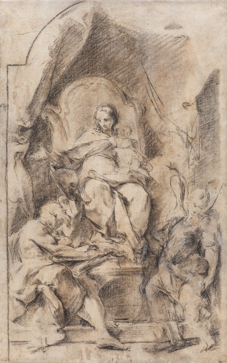 Madonnans och barnets tillbedjan med St.
Hieronymus och en skyddsängel (Kol och krita på papper) av School Italian