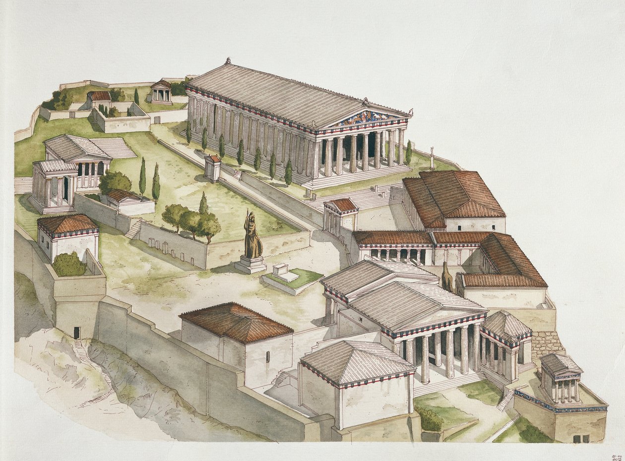 Forntida Aten - rekonstruktion av Akropolis, 500-talet f.Kr. (färg litho) av School Italian