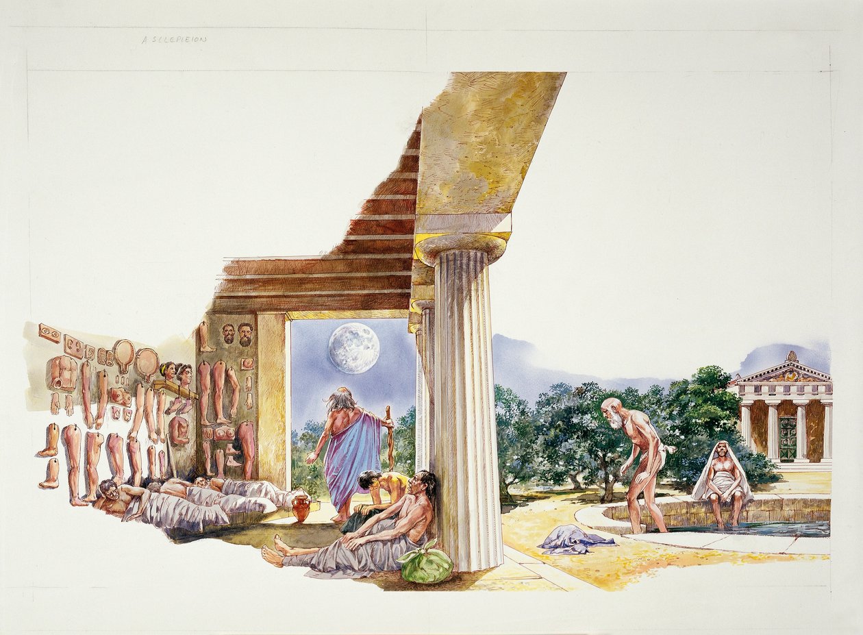 Forntida Aten - rekonstruktion av Asklepieion (färg litho) av School Italian