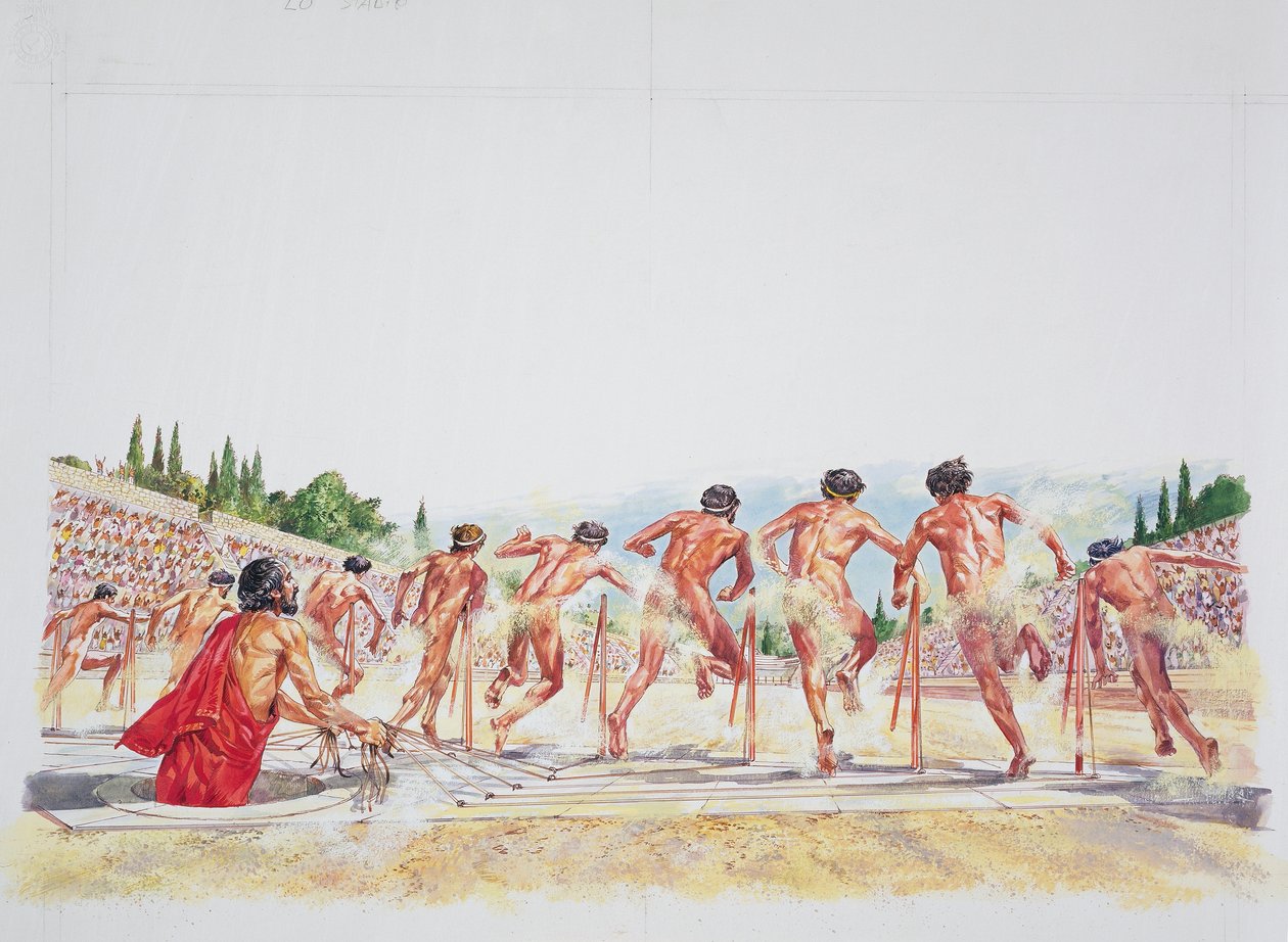 Forntida Aten - rekonstruktion av stadion (färg litho) av School Italian