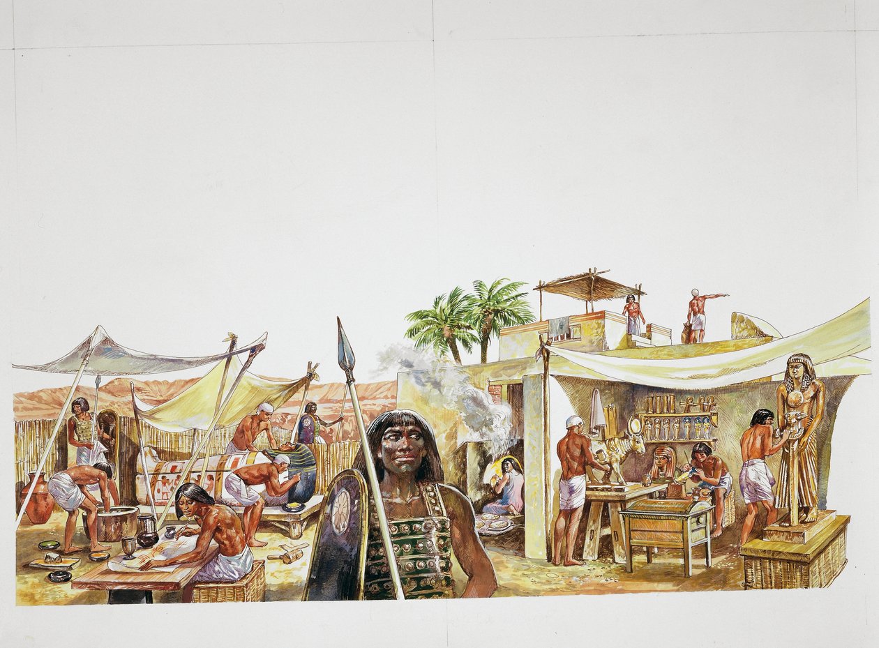 Forntida Thebe - rekonstruktion av en fjärdedel av Deir el-Medina (färg litho) av School Italian