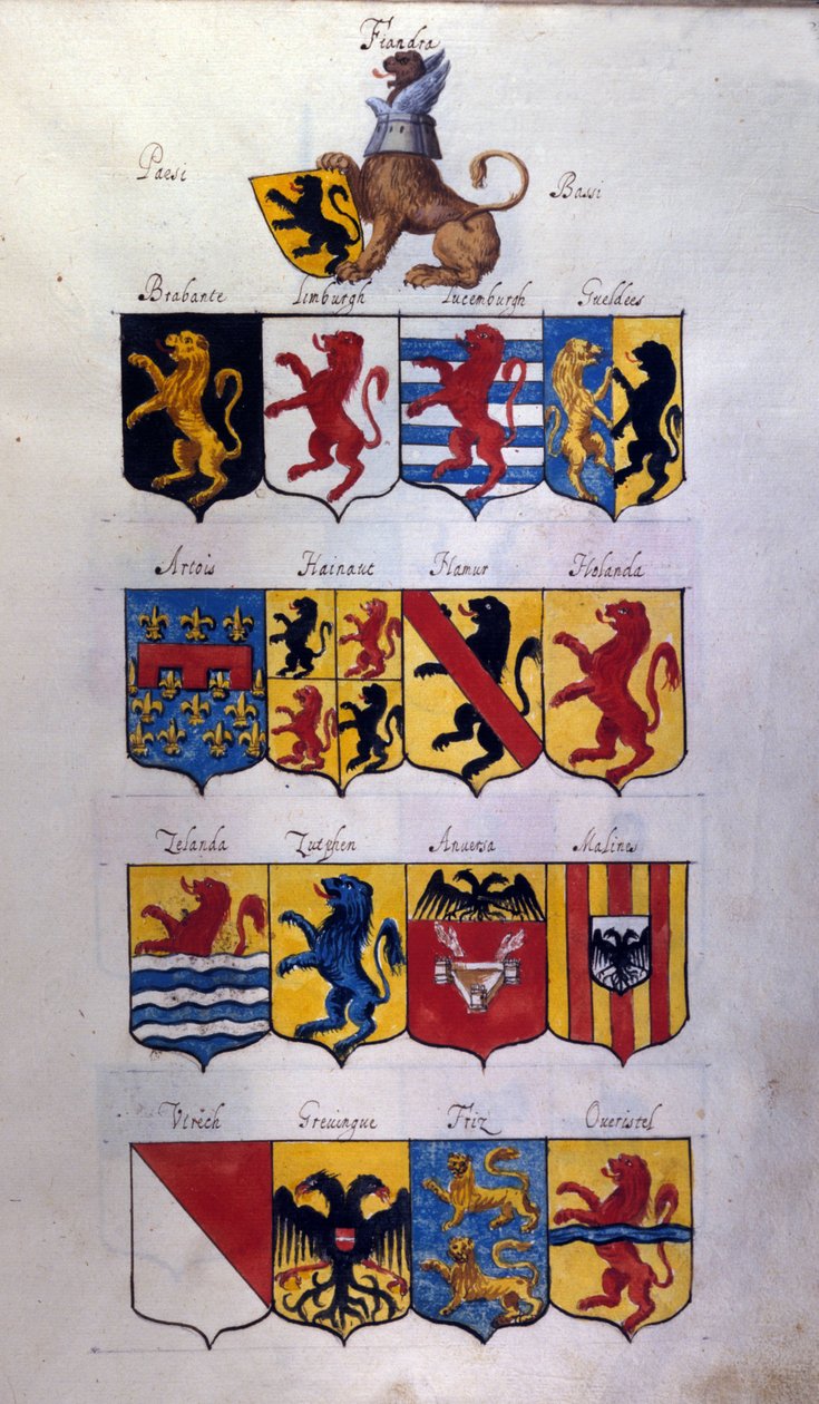 Blazon of the Netherlands (Holland, Flanders, Hainaut) med drakar, Archivio di Stato of Milano av School Italian
