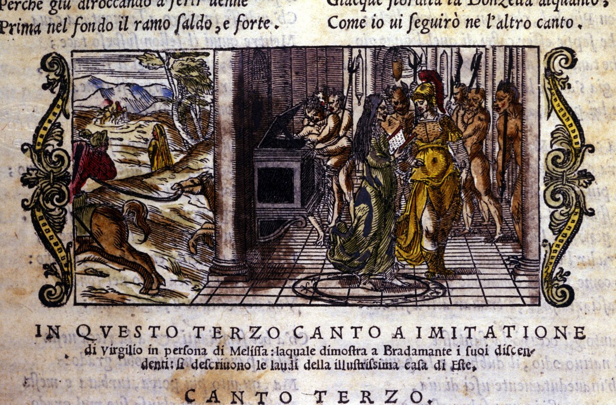 Bradamante träffar trollkarlen Melisse som berättar för henne att hon och Roger (Ruggero, Ruggiero) grundade Este-dynastin, scen hämtad från riddardikten "Orlando Furioso" (Den rasande Roland) av Ludovico Ariosto (1474 - 1533) dit L