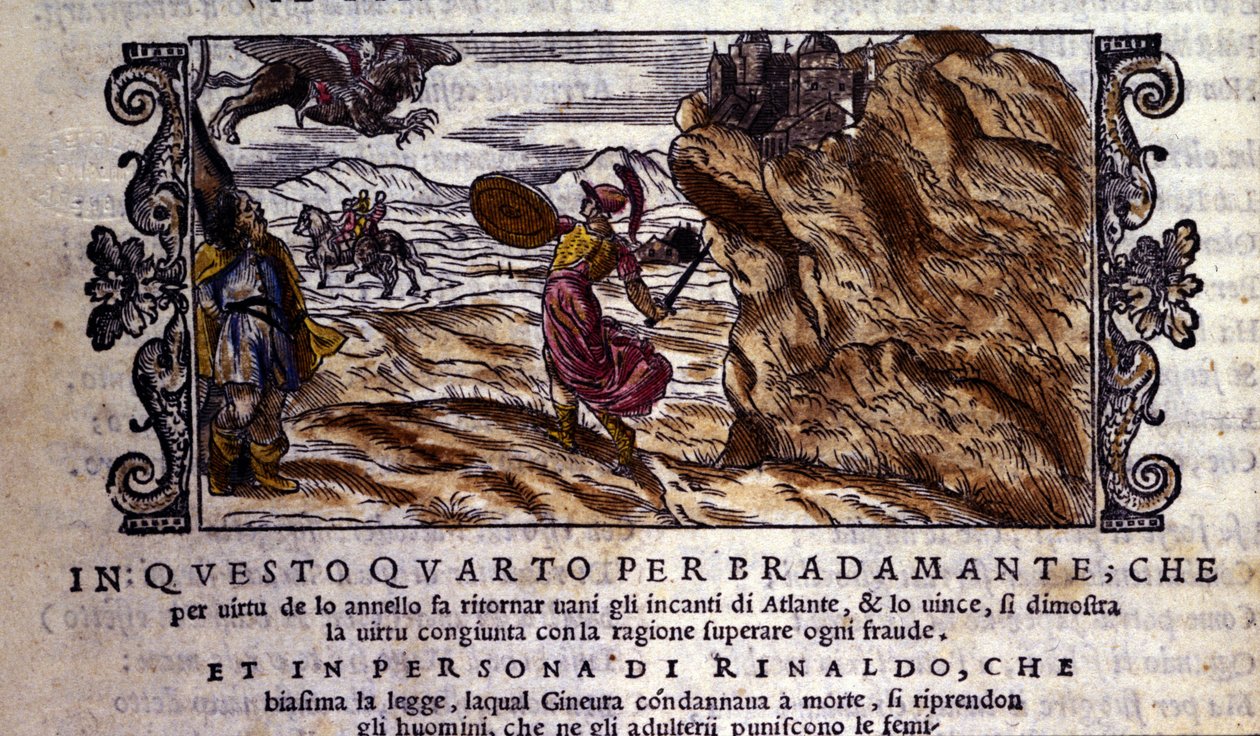 Bradamante sliter Brunel sin förtrollande ring, tack vare vilken hon förringar Atlantes kraft och levererar Roger (Ruggero, Ruggiero), scen för riddardikten "Orlando Furioso" (Den rasande Roland) av Ludovico Ariosto (1474 - 1533) dit L 