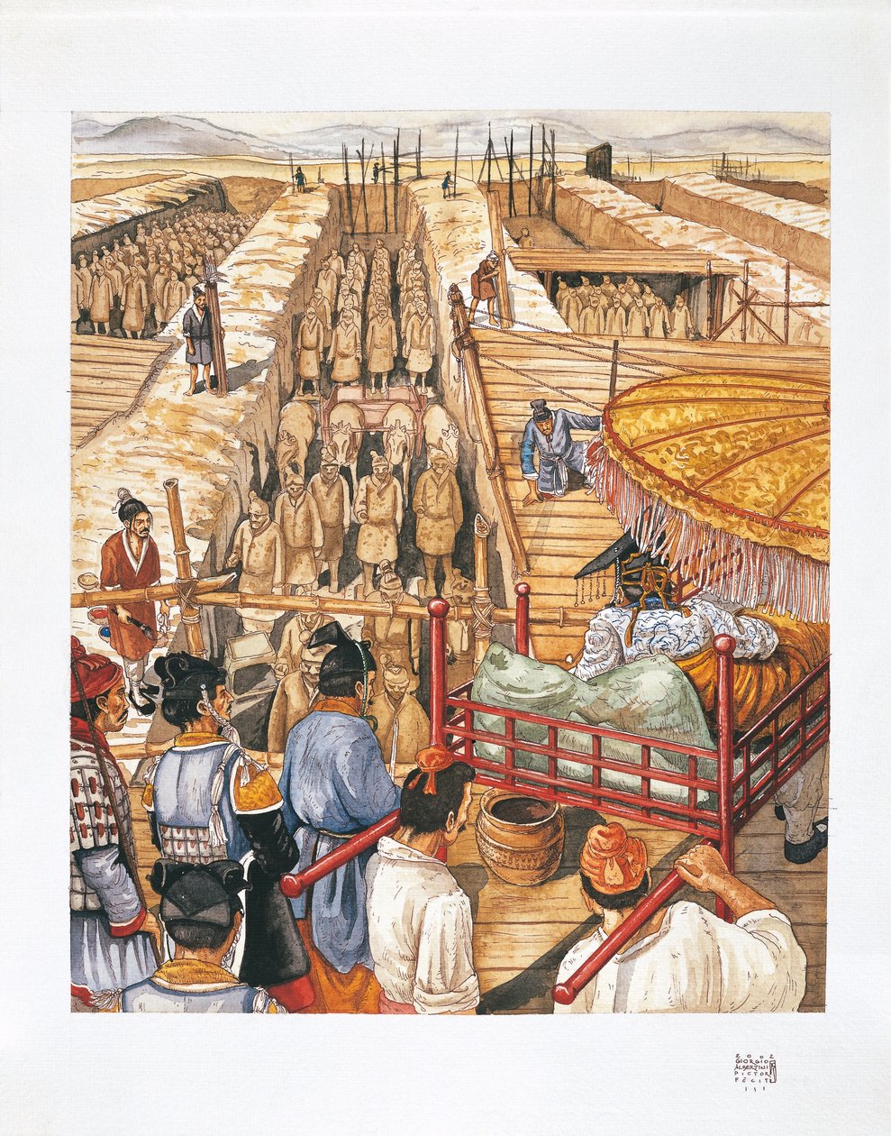 Byggnad av kejsar Qin Shi Huang-Tis mausoleum, 300-talet f.Kr. (färg litho) av School Italian