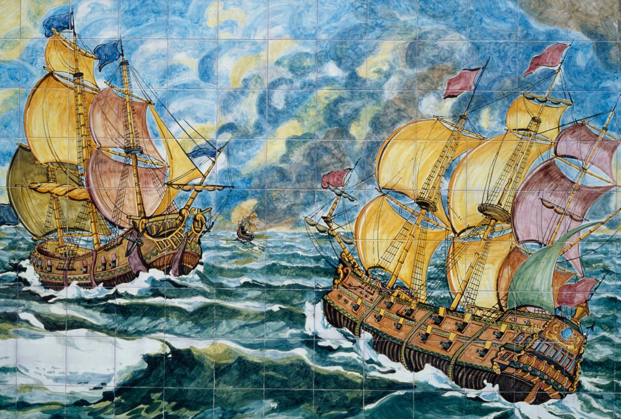 Keramisk panel som visar två segelfartyg, Vietri sul Mare-produktion, Kampanien, Italien, Detalj av School Italian