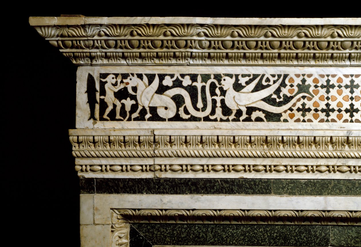 Detalj av dekorationerna kring marmortrandolan (fotografi) av School Italian