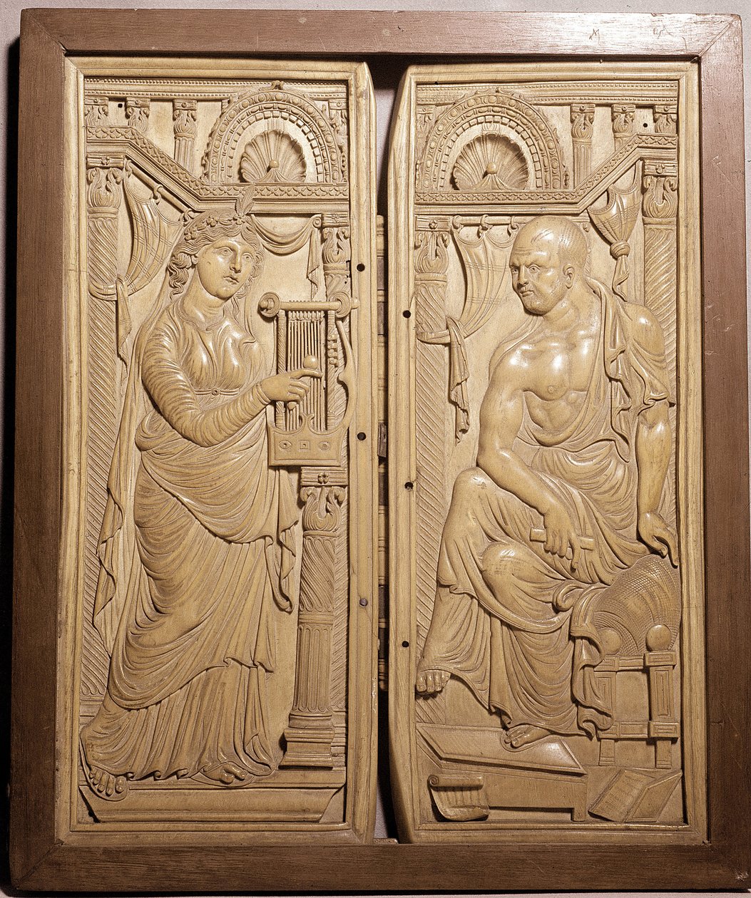 Diptyk av Claudiano kallad Diptyk av poeten och musen (låg elfenbensrelief, tidigt 600-tal) av School Italian
