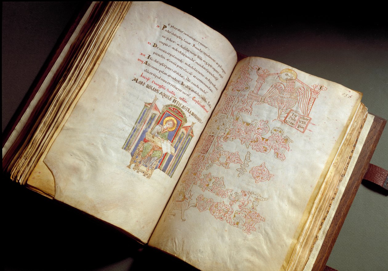 Evangelisk. Codex från klostret Farfa. (Ms. E 16 folii 149v. 150r.) Rom, Biblioteca Vallicelliana av School Italian
