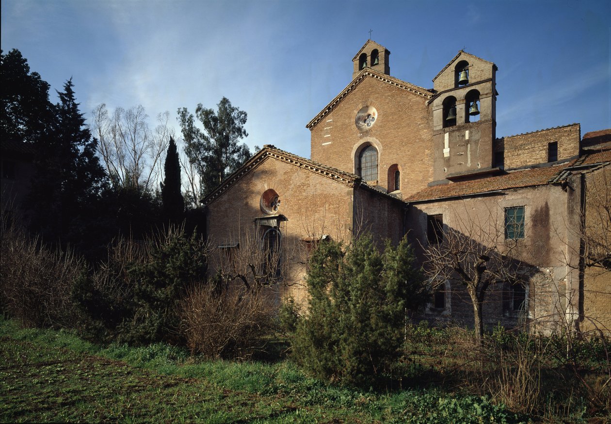 Exteriör vy av kyrkan Saint Vincent och Saint Anasthasius, Abbey of the Three Fountains (Tre-Fontane) (Chiesa dei Santi Vincenzo e Anastasio alle Tre Fontane) (Exteriör utsikt över kyrkan St Vincenzo e Anastasio, abbazia delle Tre Fontane) 625 -1 av School Italian