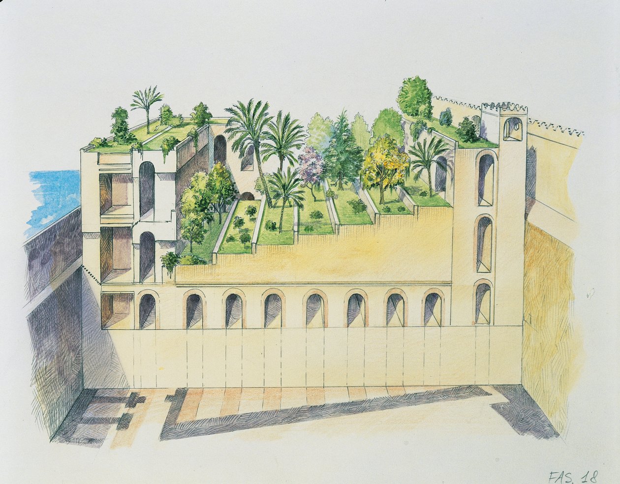 Nebukadnessars palats, Babylon, med hängande trädgårdar (färg litho) av School Italian