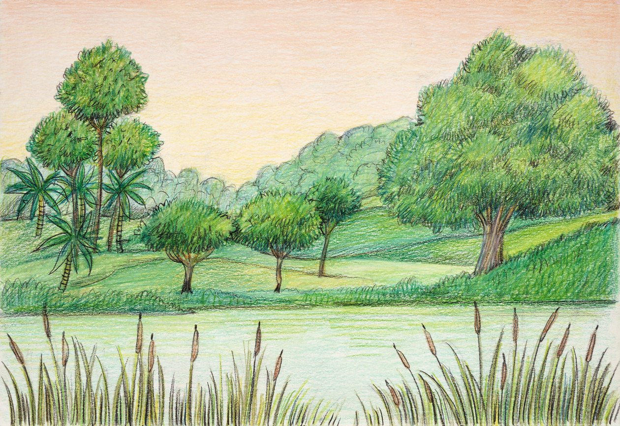 Förhistoria - tertiär - återuppbyggnad av naturlig miljö (färg litho) av School Italian