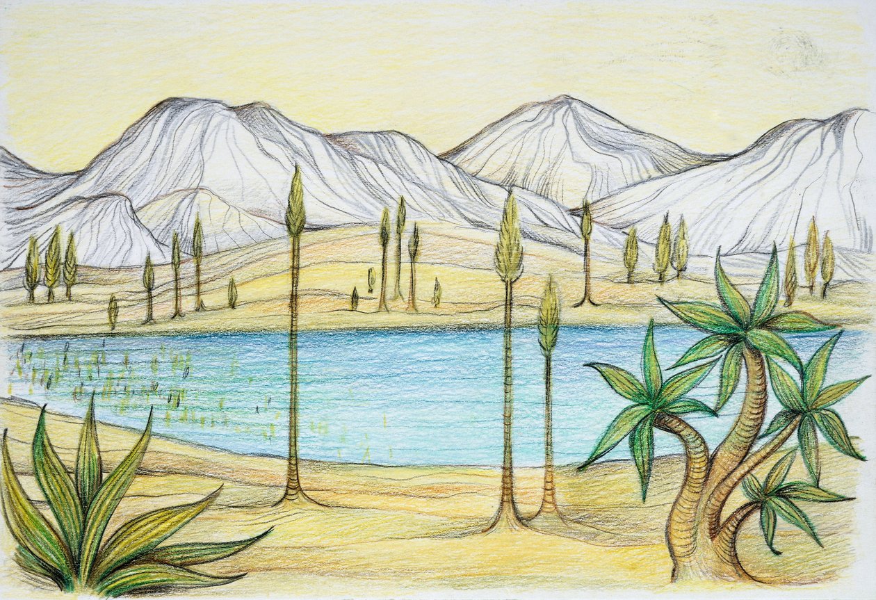 Förhistoria - Trias - återuppbyggnad av naturlig miljö (färg litho) av School Italian