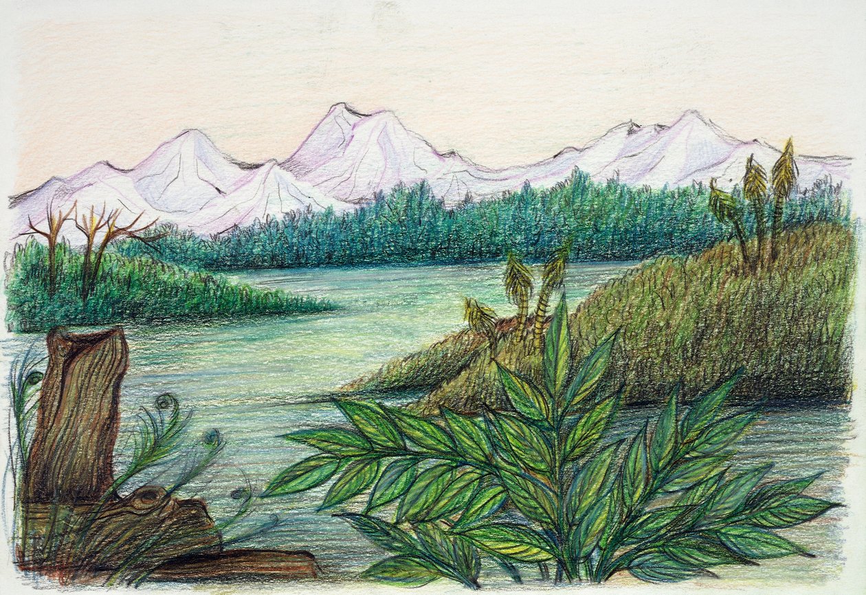 Förhistorisk - återuppbyggnad av naturlig miljö (färg litho) av School Italian