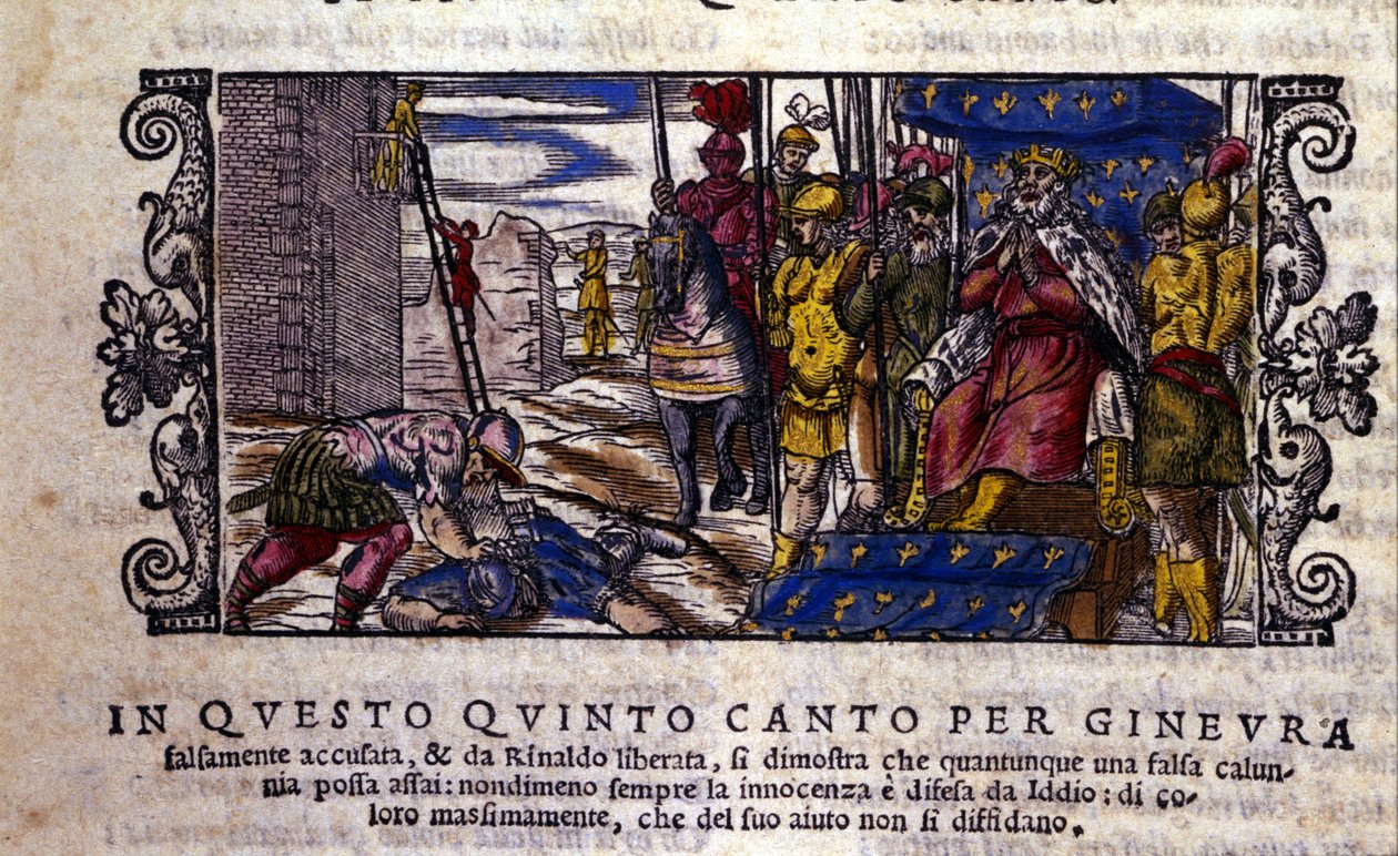 Prinsessan Ginevra är oskyldig och kampen mellan förtal och den okände riddaren som kom för att försvara Ginevra avbryts. scen av riddardikten till "Orlando Furioso" (Den rasande Roland) av Ludovico Ariosto (1474 - 1533) kallad L