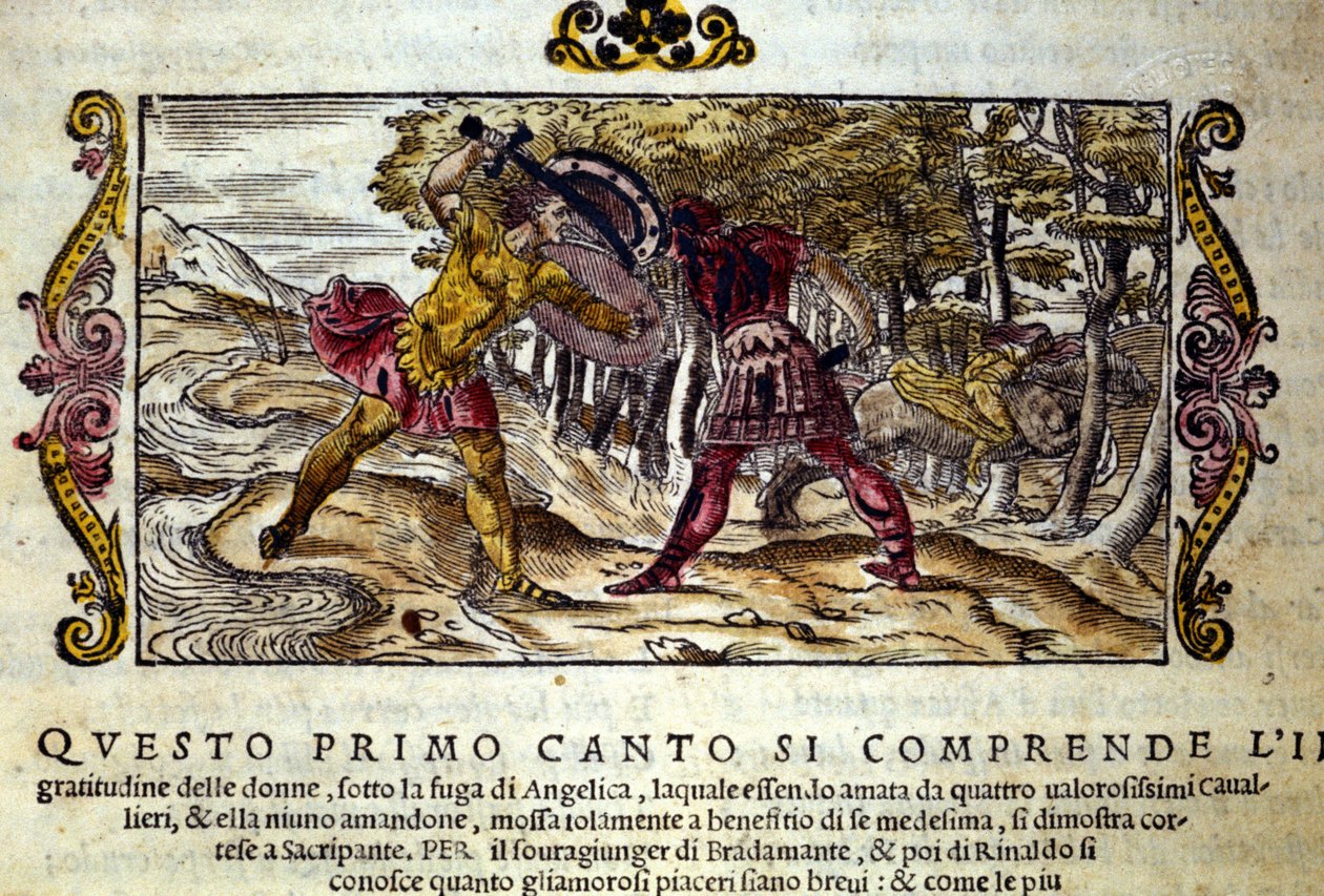 Representation av kampen mellan Ferragus, bovetet och Renaud (Rinaldo), båda förälskade i den vackra Angelica (Angelica), scen hämtad från riddardikten "Orlando Furioso" (Den rasande Roland) av Ludovico Ariosto (1474-1533) kallas L