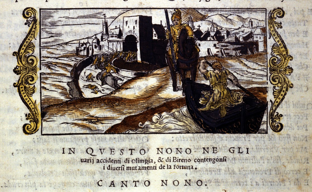 Roland kommer till räddning av Olympia. Scen av riddardikten av "" Orlando Furioso"" (Den rasande Roland) av Ludovico Ariosto (1474 - 1533) känd som L