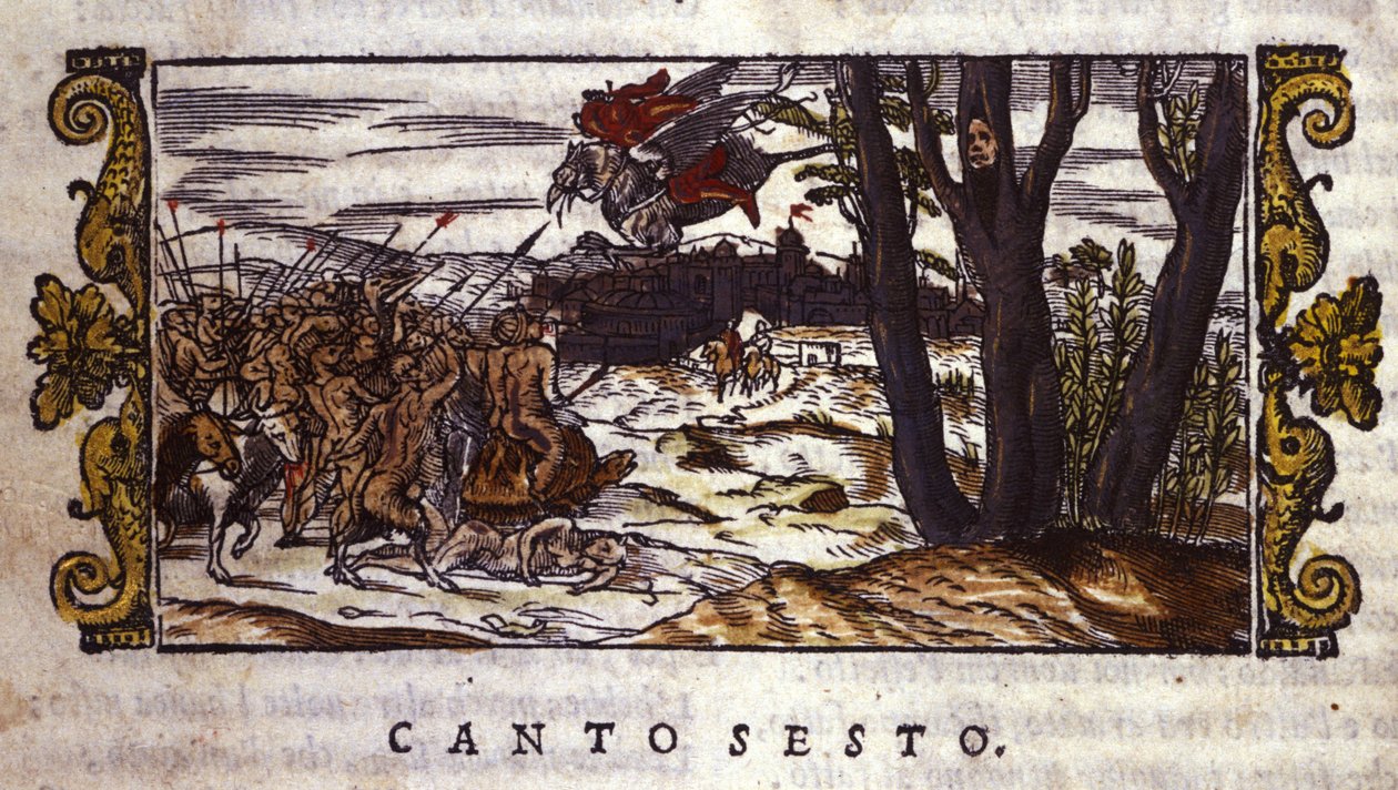 Ruggiero bärs av hippogriffen till ön Alcina där han attackeras av en armé av monster, scen från "Orlando Furioso" av Ludovico Ariosto (1474-1533) av School Italian