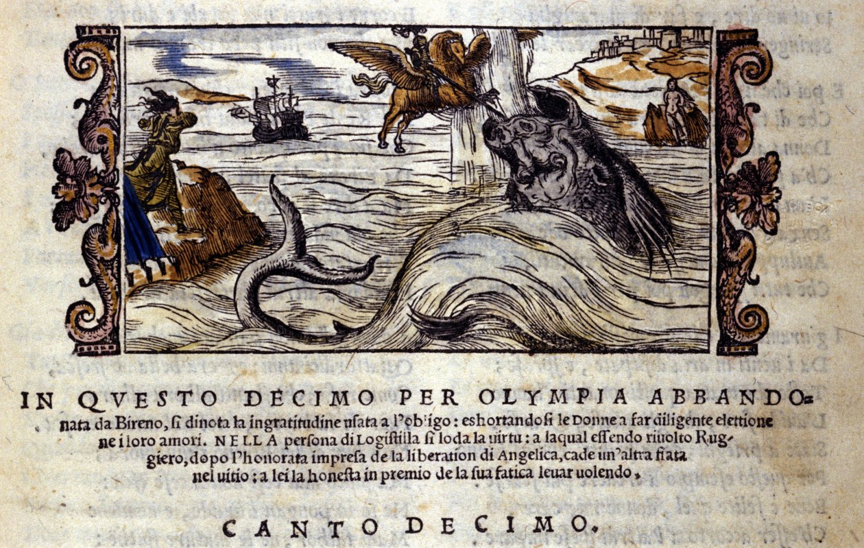 Scen av den ridderliga dikten "Orlando Furioso" (Den rasande Roland) av Ludovico Ariosto (1474 - 1533) X L