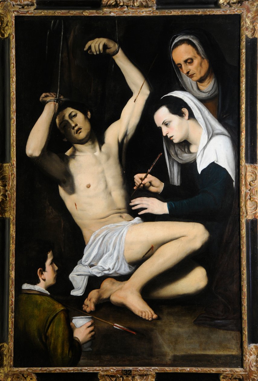 St Sebastian Tended by the Holy Women, ca 1590-1650 (olja på duk) av School Italian