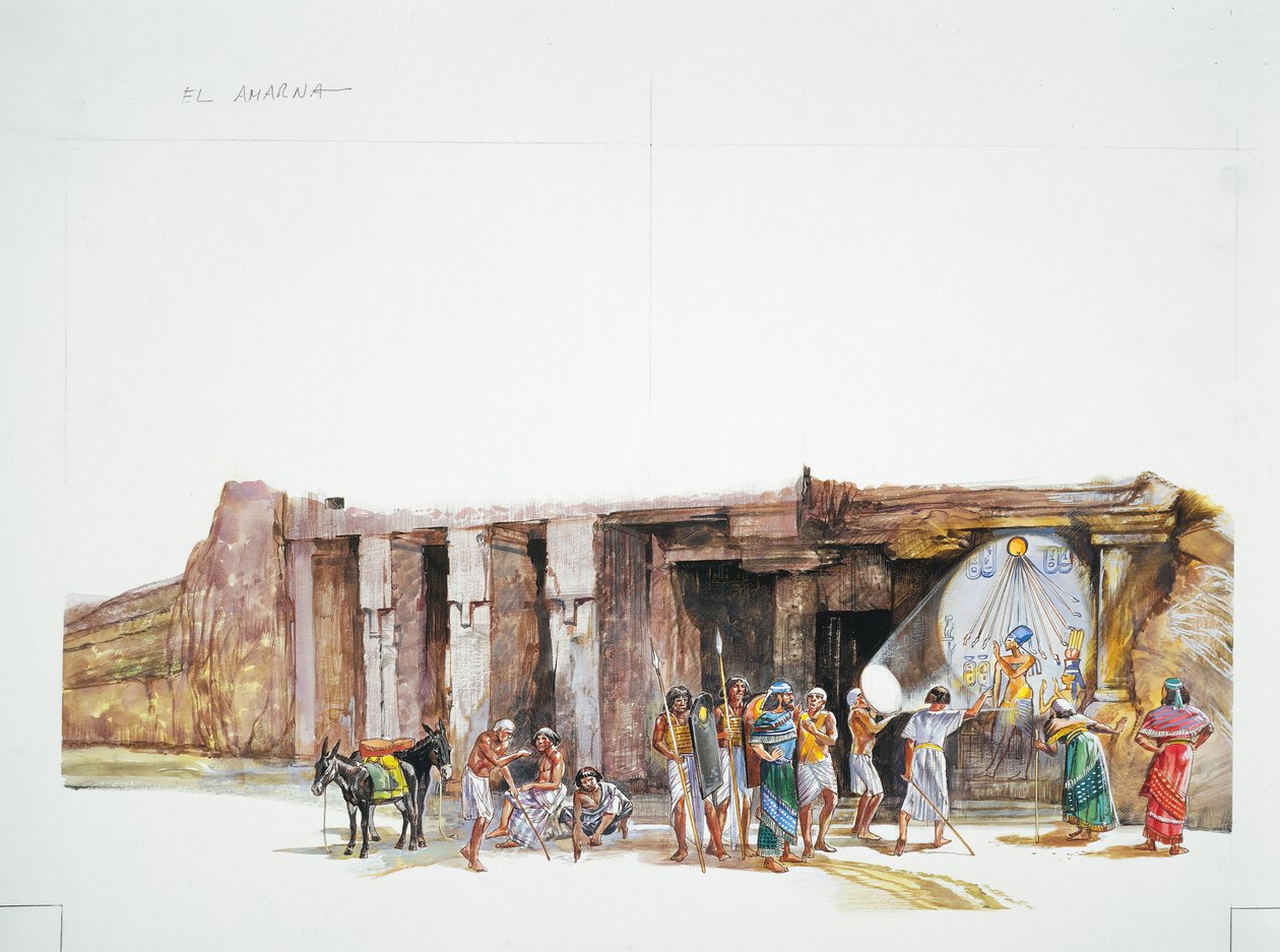 Tell el-Amarna - rekonstruktion av dyrkan av guden Aton, avbildad som solskivan (färg litho) av School Italian