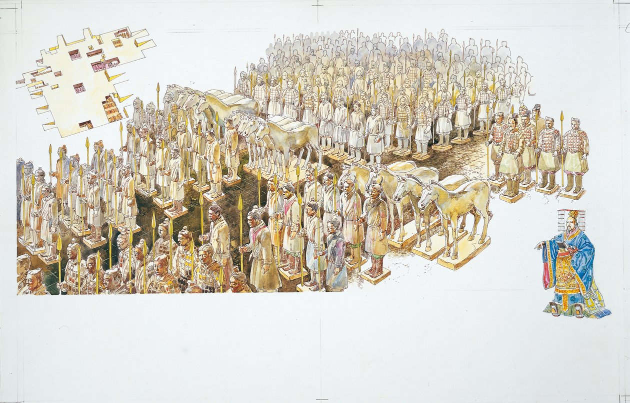 Terrakottaarmén i kejsar Qin Shi Huangs grav (färg litho) av School Italian