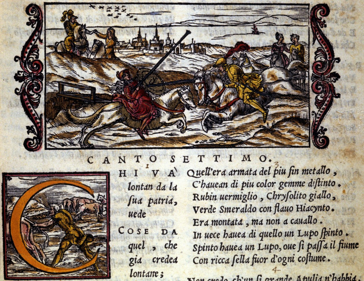 Jätten Eryphila monterad på en varg slåss Roger (Ruggero, Ruggiero) - Scen av riddardikten "Orlando Furioso" (Den rasande Roland) av Ludovico Ariosto (1474 - 1533) kallad L