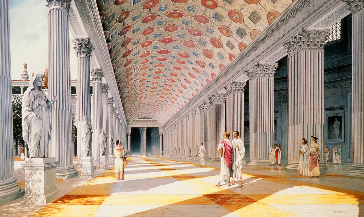 Trajanus forum - rekonstruktion av pelargången (färg litho) av School Italian