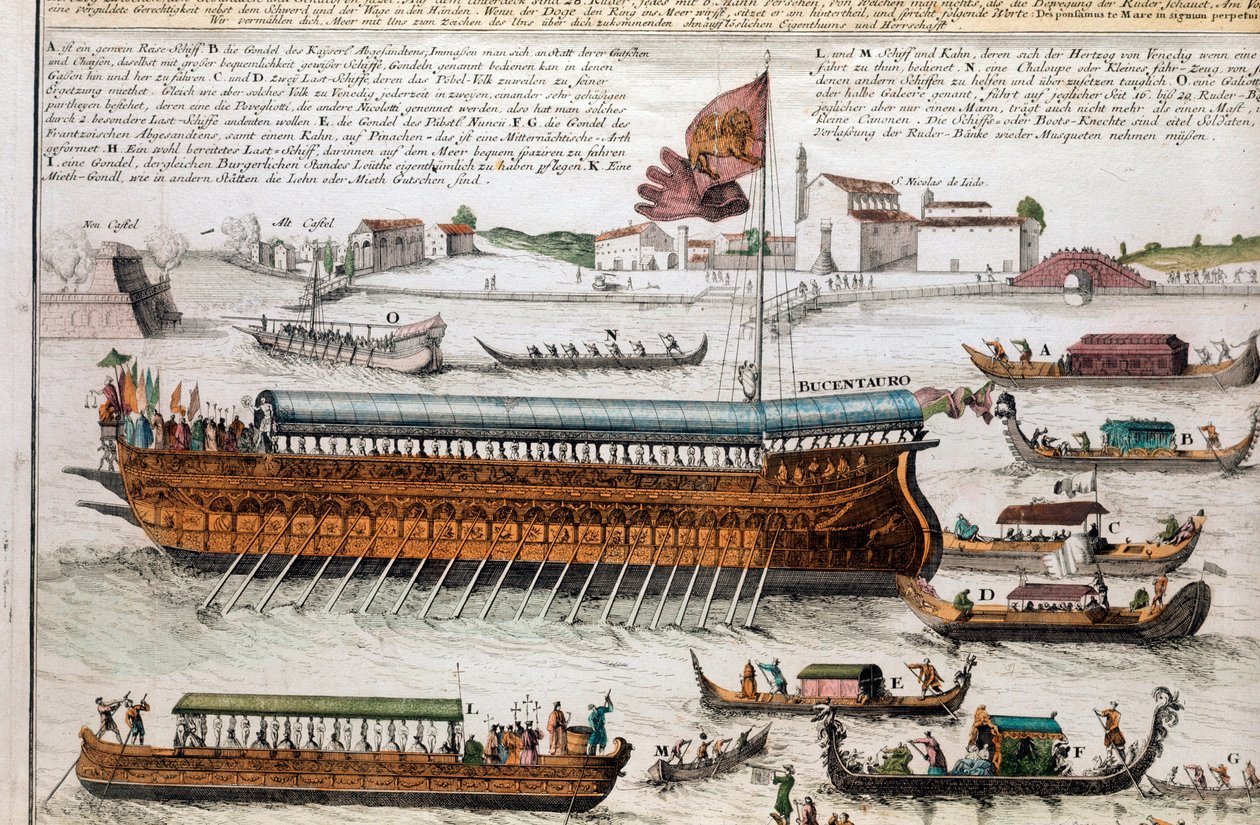 Utsikt över Venedigs lagun och Bucentaur. (Bucentauro) På Kristi himmelsfärdsdag korsade dogen Venedigs lagun för att nå mynningen av det öppna havet ombord på ett skepp som heter Bucentaur. Gravyr. Venedig, correr museum av School Italian