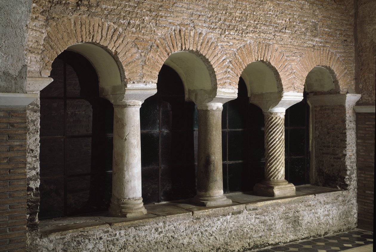 Utsikt över klostret i kyrkan Saint Vincent och Saint Anasthasus, klostret för de tre fontänerna (Tre-Fontane) (Chiesa dei Santi Vincenzo e Anastasio alle Tre Fontane) (Utsikt över klostret i kyrkan St Vincenzo e Anastasio, abbazia delle T av School Italian
