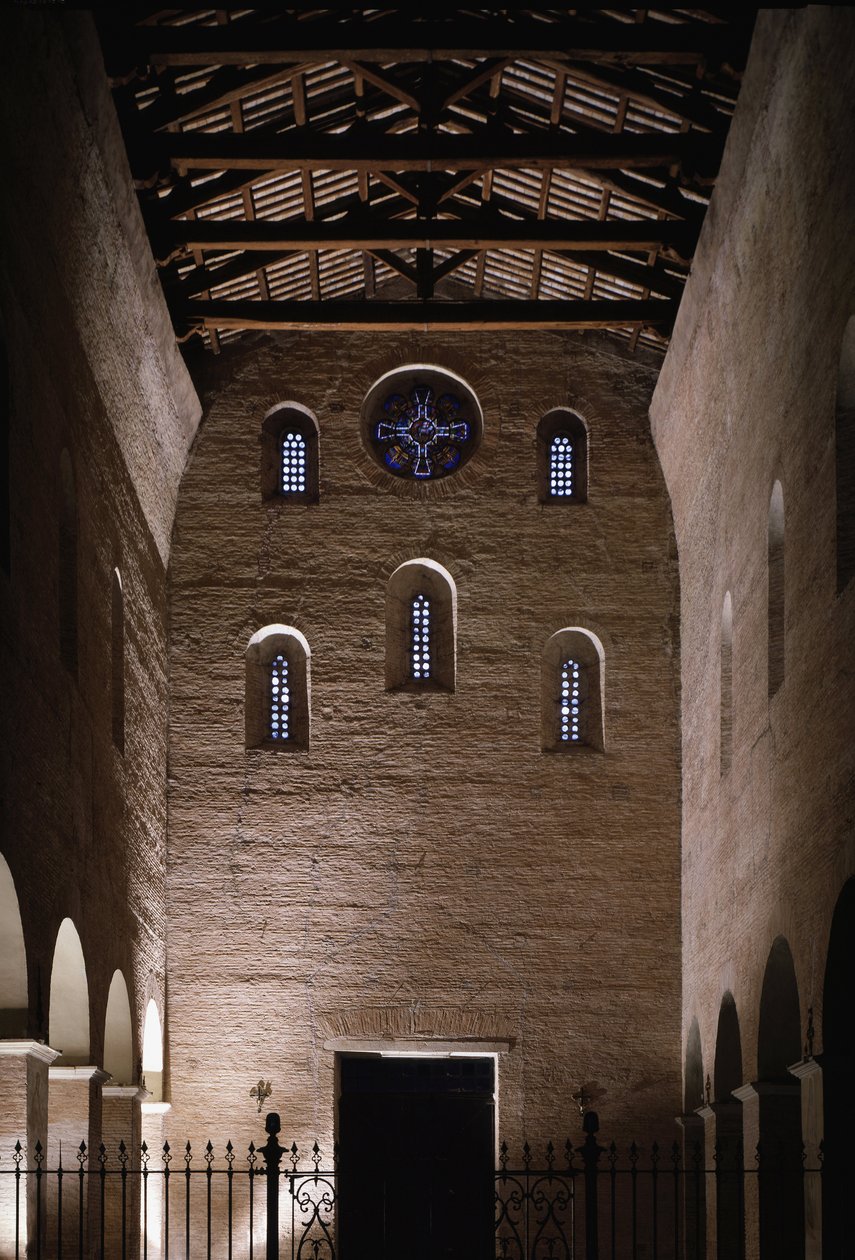 Vy över motfasaden av kyrkan Saint Vincent och Saint Anasthasus, Abbey of the Three Fountains (Tre-Fontane) (Chiesa dei Santi Vincenzo e Anastasio alle Tre Fontane) (Interiörvy bakom fasaden på kyrkan St Vincenzo e Anastasio, ab av School Italian