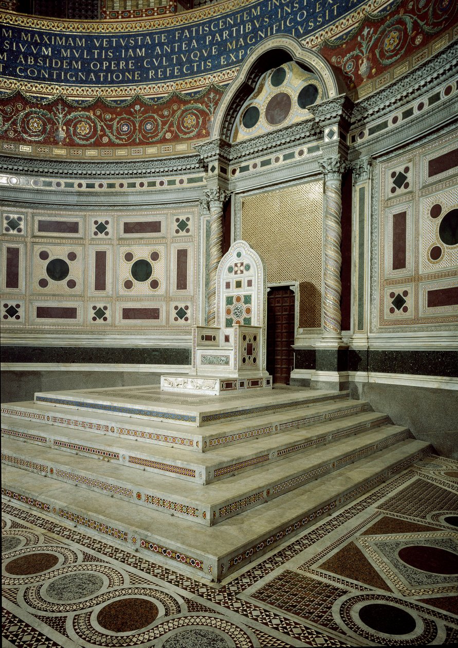 Vy över den biskopsliga tronen i den påvliga predikstolen i absiden i basilikan St. John Laterano (San Giovanni in Laterano). Rom av School Italian