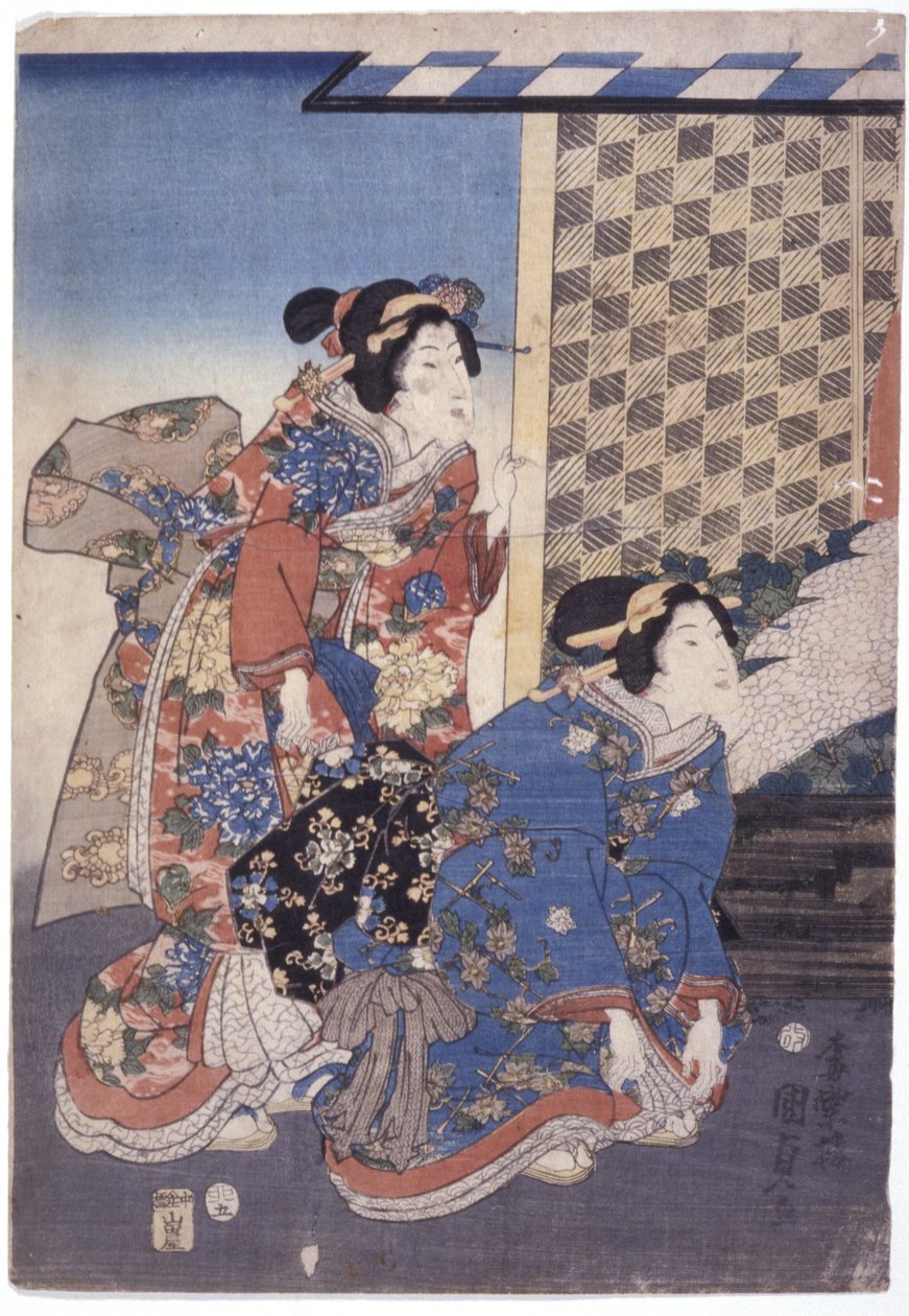 2 kvinnor (en knästående) (träsnitt i färg) av School Japanese