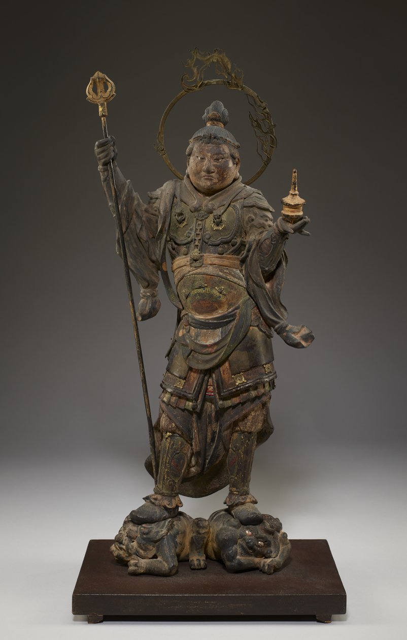 Bishamonten (Vaisravana, Nordens väktare) (polykromt trä med kristall, bladguld och metall) av Japanese School