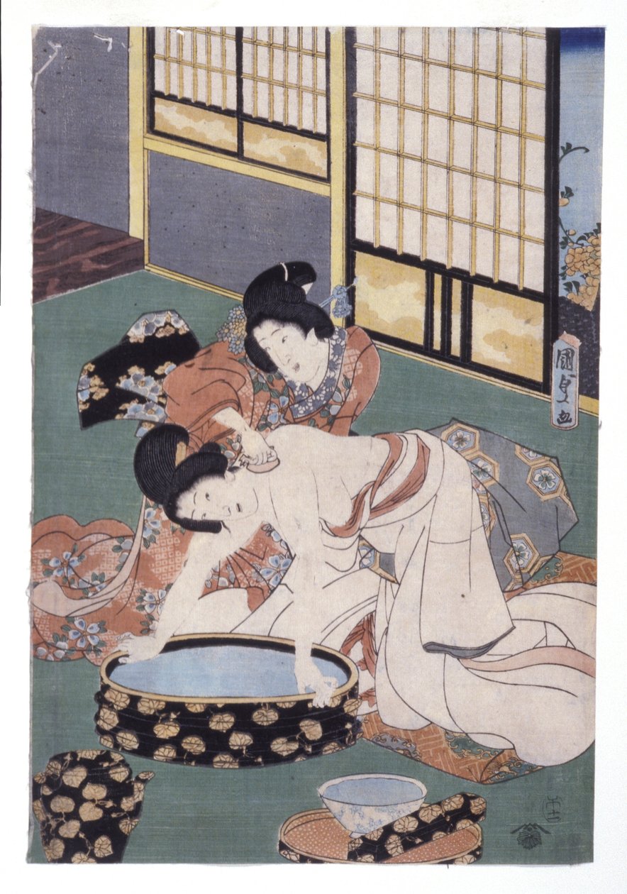 Companion att torka av kvinnans nacke och axlar (träsnitt i färg) av School Japanese