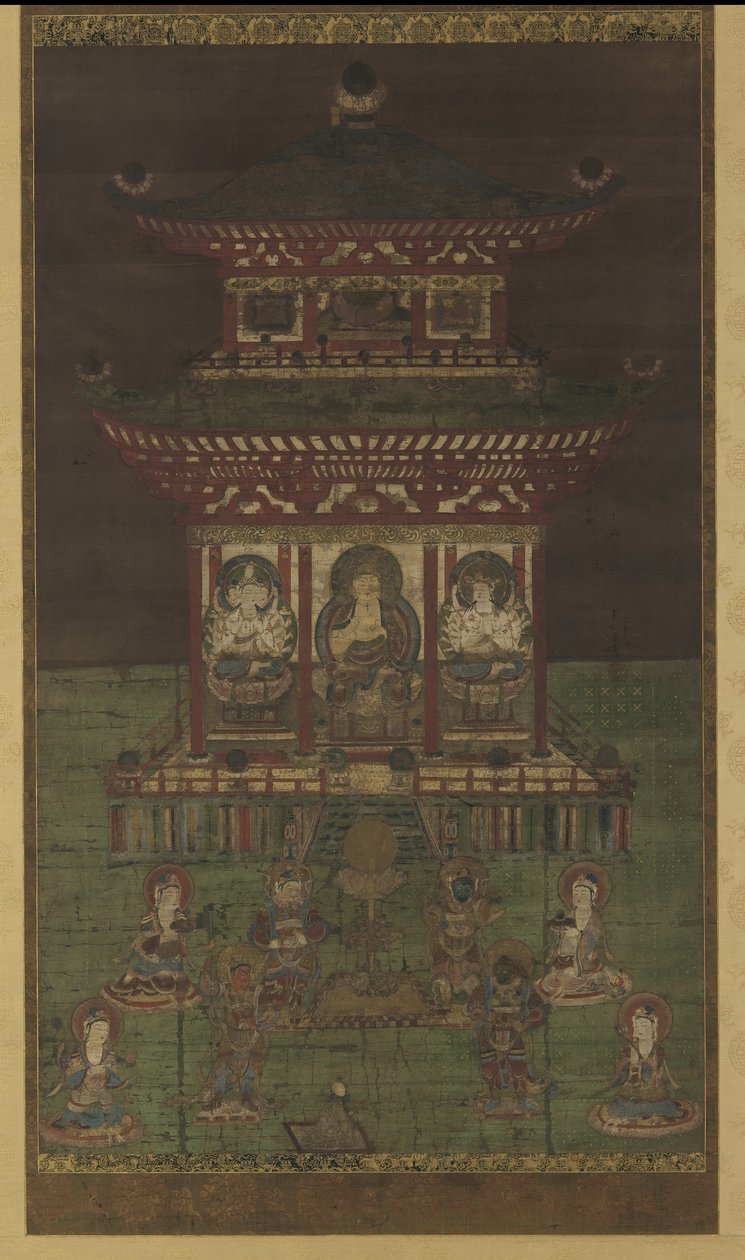 Horokaku Mandara: Buddha och åtföljande gudomligheter, Heian Period (färg & guld på sidenpanel) av Japanese School