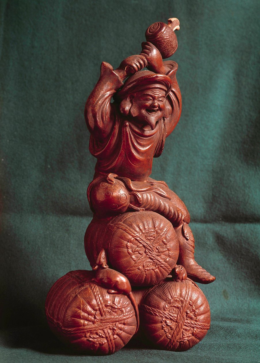 Japansk konst: den japanska guden Daikoku (Daikokuten), beskyddare av bönder och lantbrukets gud. Paris, Guimet-museet, Nationalmuseet för asiatisk konst av Japanese School