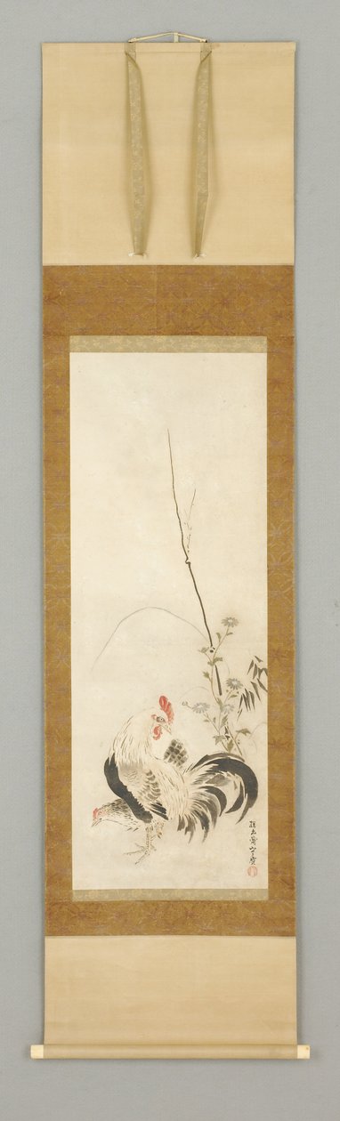 Kakemono, tupp och höna m/blommor av Japanese School