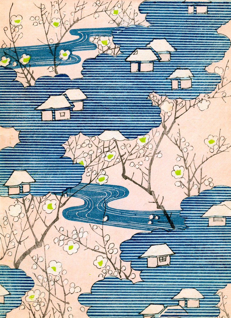 Mönster för en kimonodesign: Stugor med floder och körsbärsblommor, ca 1900 (trätryck i färg) av School Japanese