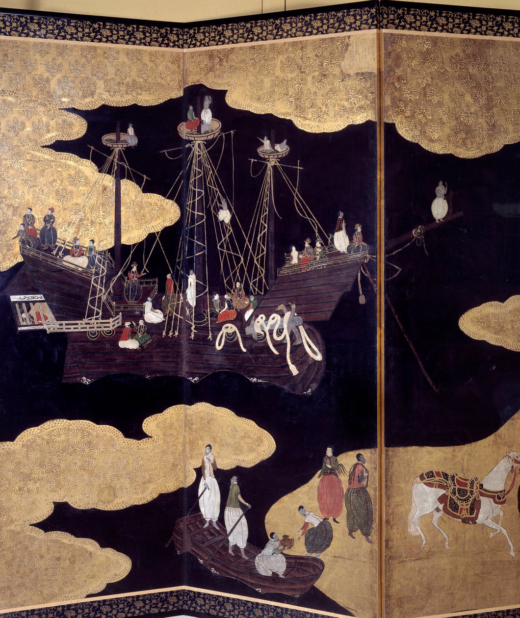"Portugisisk" skärm: en representation av portugisiska jesuitmissionärers ankomst till Japan på 1500-talet. Detalj. Realiserat av Kanoskolan (?). 1593-1600. Lissabons museum för antik konst av Japanese School